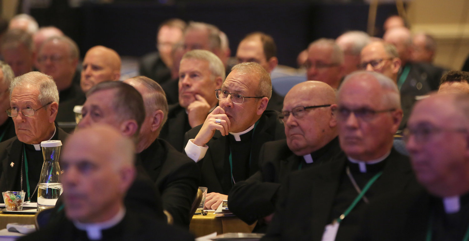 Bishops listen to a speaker Nov. 14, 2018, at the fall general assembly of the U.S. Conference of Catholic Bishops in Baltimore. The bishops will gather for their annual meeting in Baltimore Nov. 11-13, 2019. — CNS photo/Bob Roller